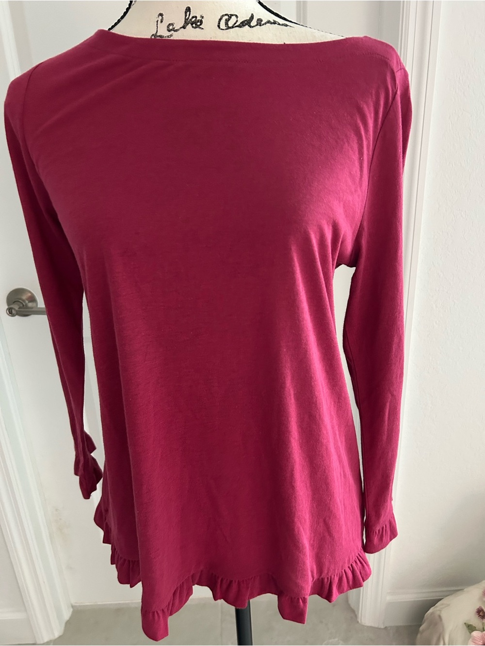 Loft Women’s Long Sleeve Ruffle Hem Top in Raspberry - Picture 2 of 5